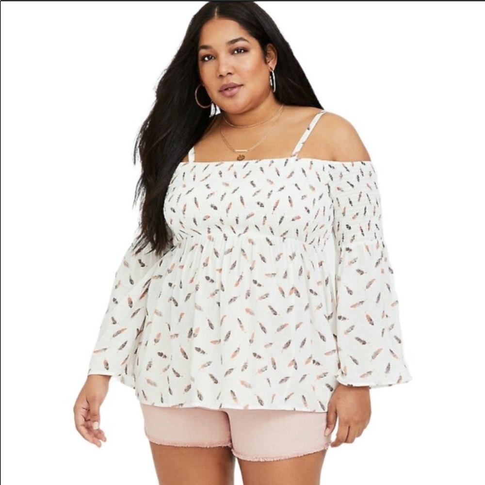 TORRID White Feather Print Cold Shoulder Top 2